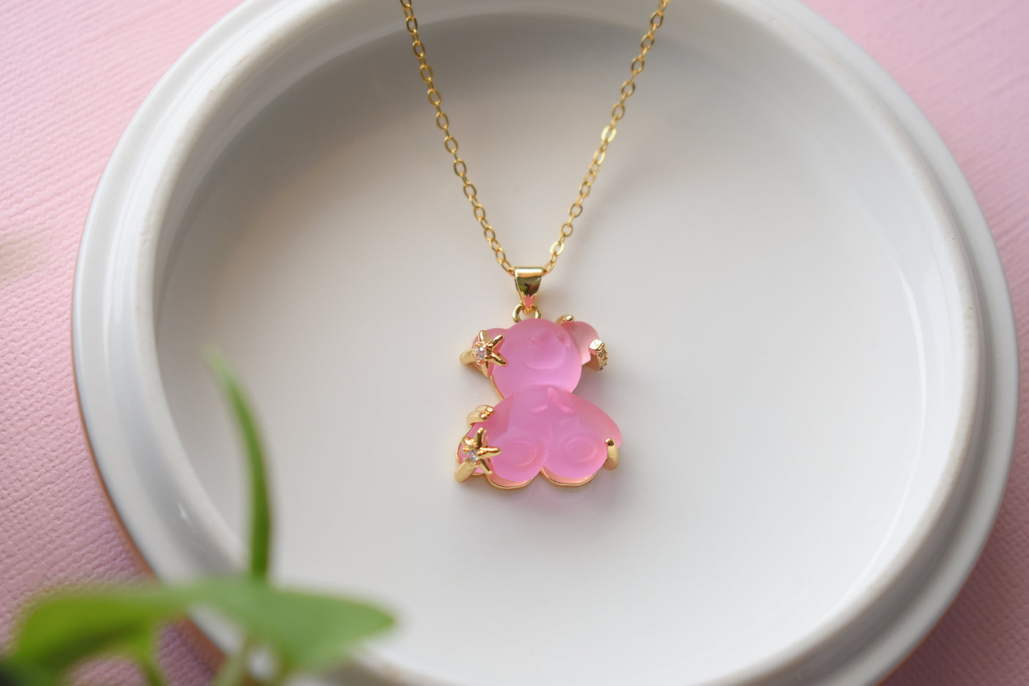Pink Frosted Bear - Gold Plated Pendant Necklace