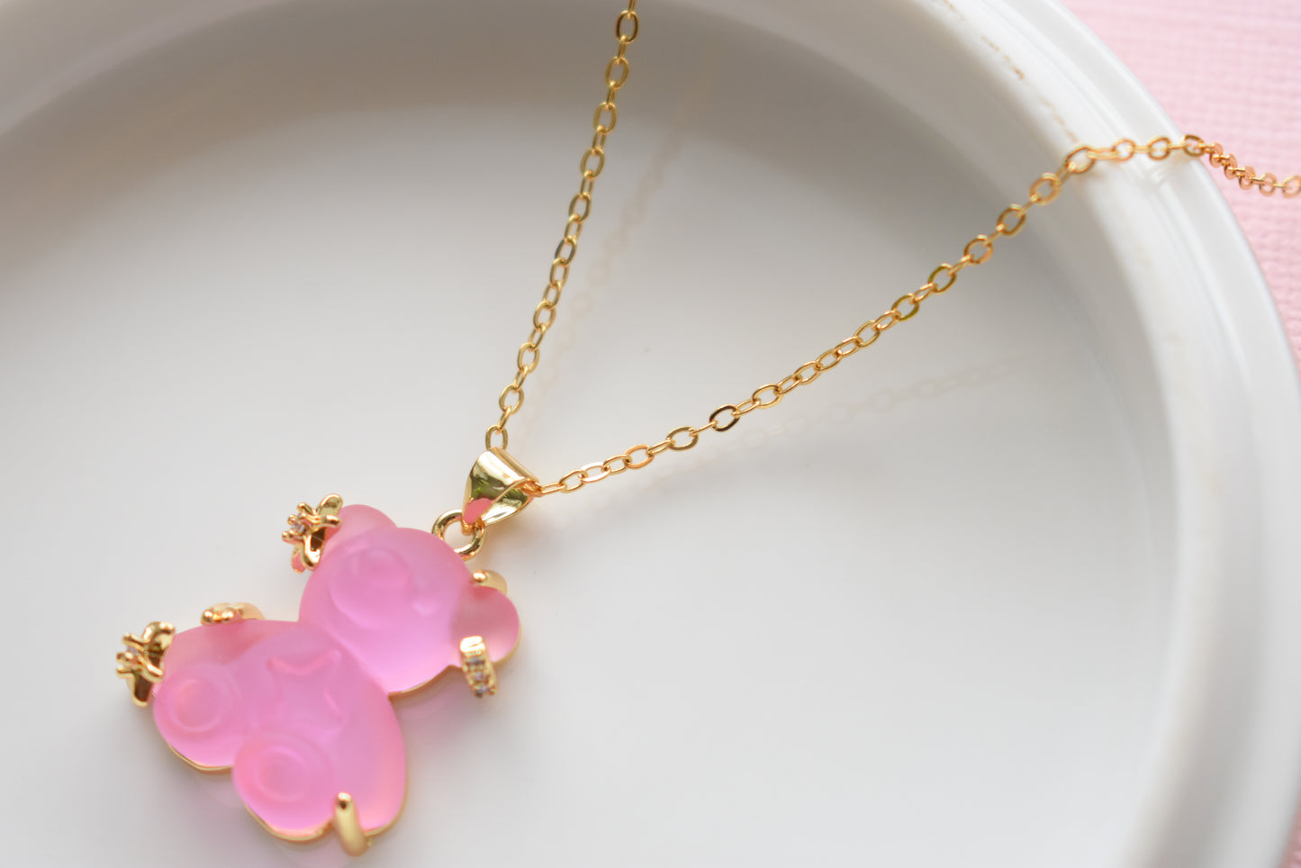 Pink Frosted Bear - Gold Plated Pendant Necklace