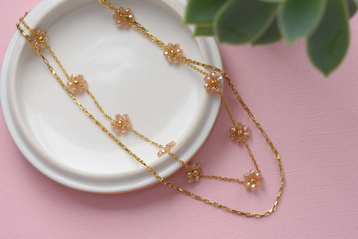 Double Stranded Dainty Bronze Flower Chain - Stainless Steel Necklace