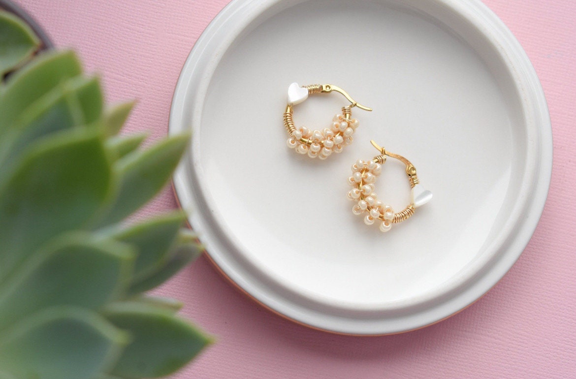 Small Half Seed Bead & Mother of Pearl Hoops - Stainless Steel
