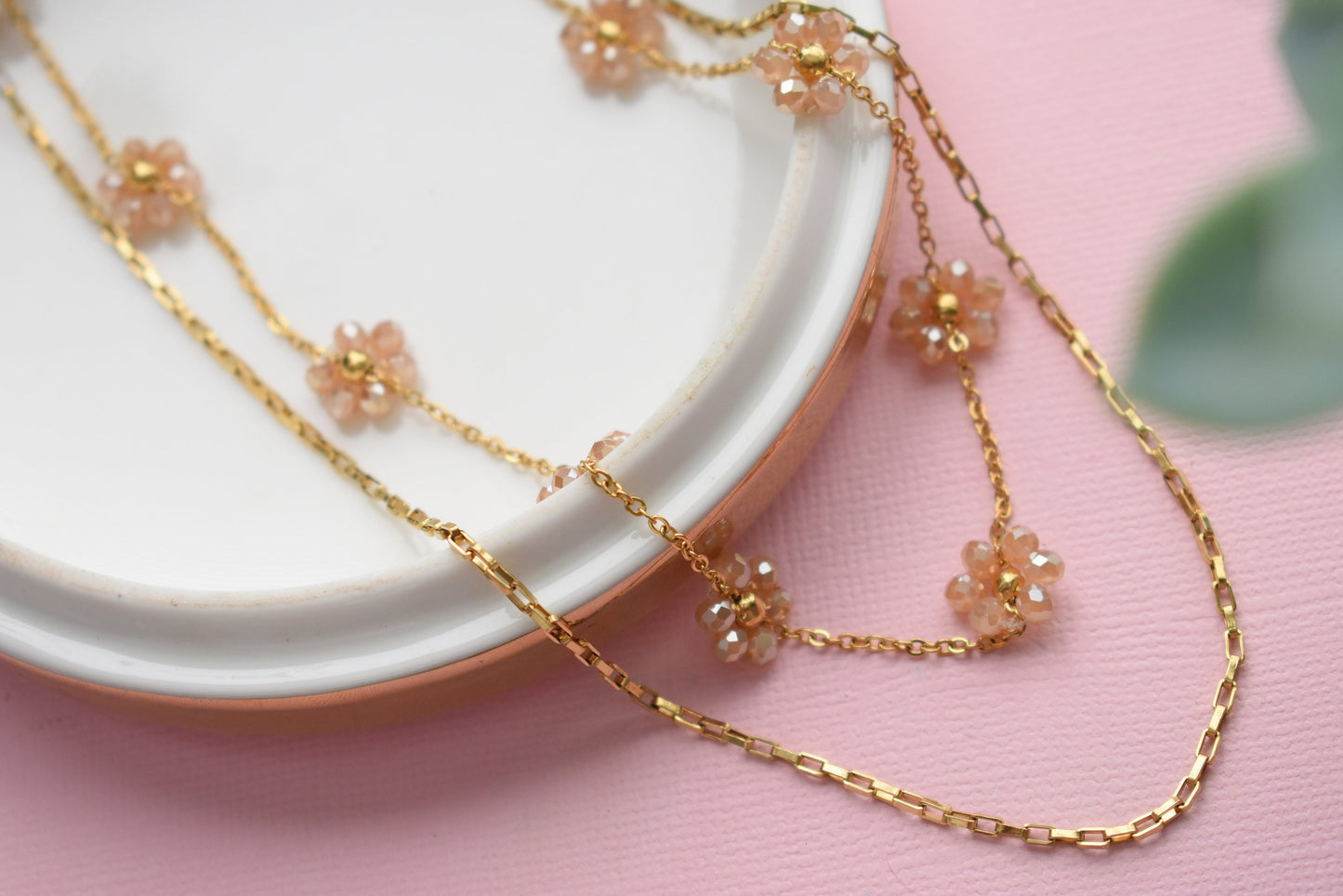Double Stranded Dainty Bronze Flower Chain - Stainless Steel Necklace