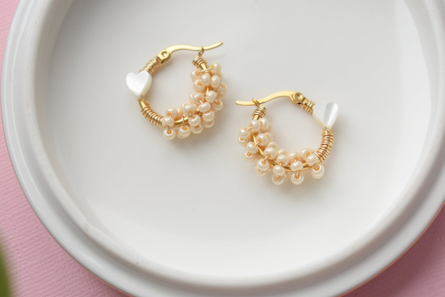 Small Half Seed Bead & Mother of Pearl Hoops - Stainless Steel
