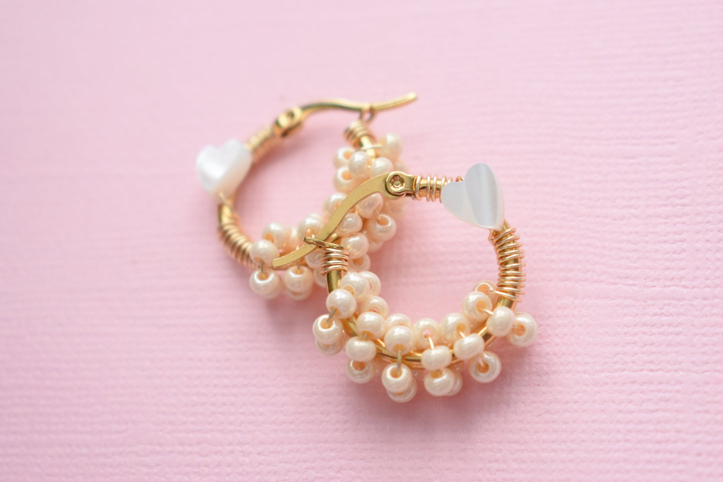 Small Half Seed Bead & Mother of Pearl Hoops - Stainless Steel