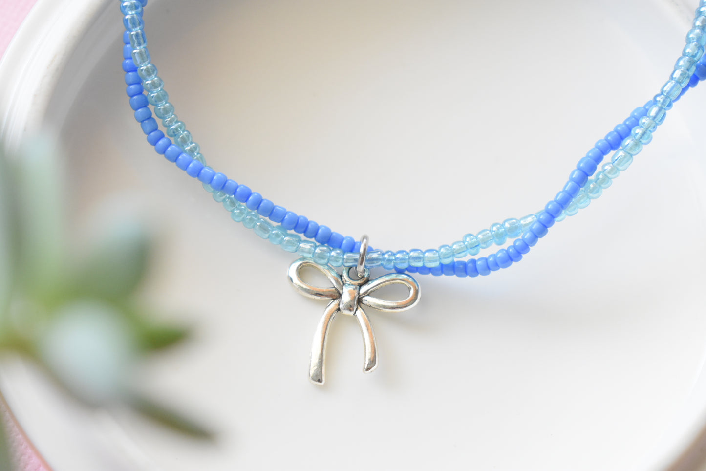 Blue Bow - Seed Bead Necklace