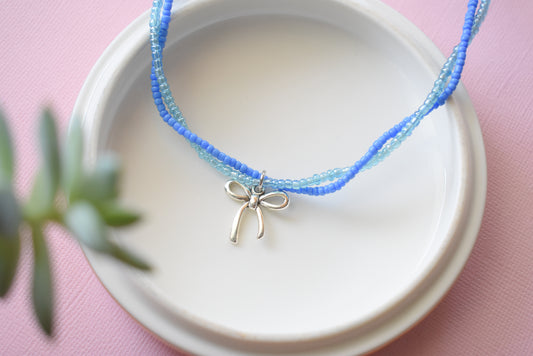 Blue Bow - Seed Bead Necklace