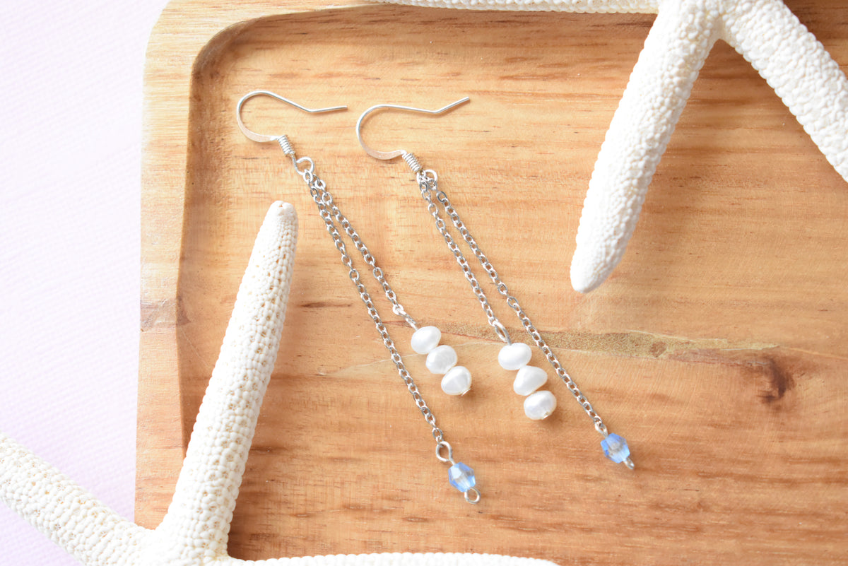 Personalized Anniversary Pearl Earrings | Custom Color Bead & 16K Gold Plated Chain