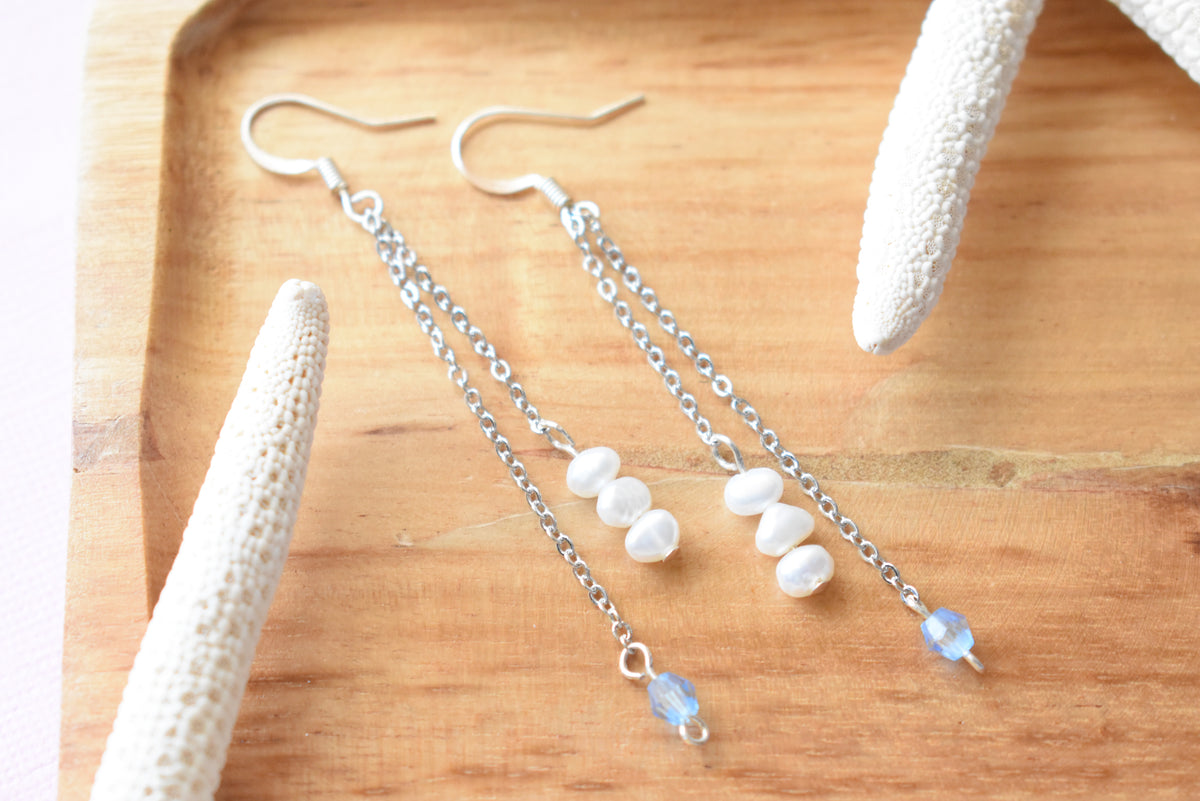 Personalized Anniversary Pearl Earrings | Custom Color Bead & 16K Gold Plated Chain