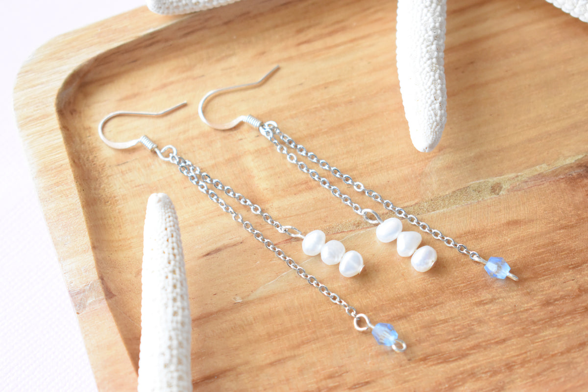 Personalized Anniversary Pearl Earrings | Custom Color Bead & 16K Gold Plated Chain